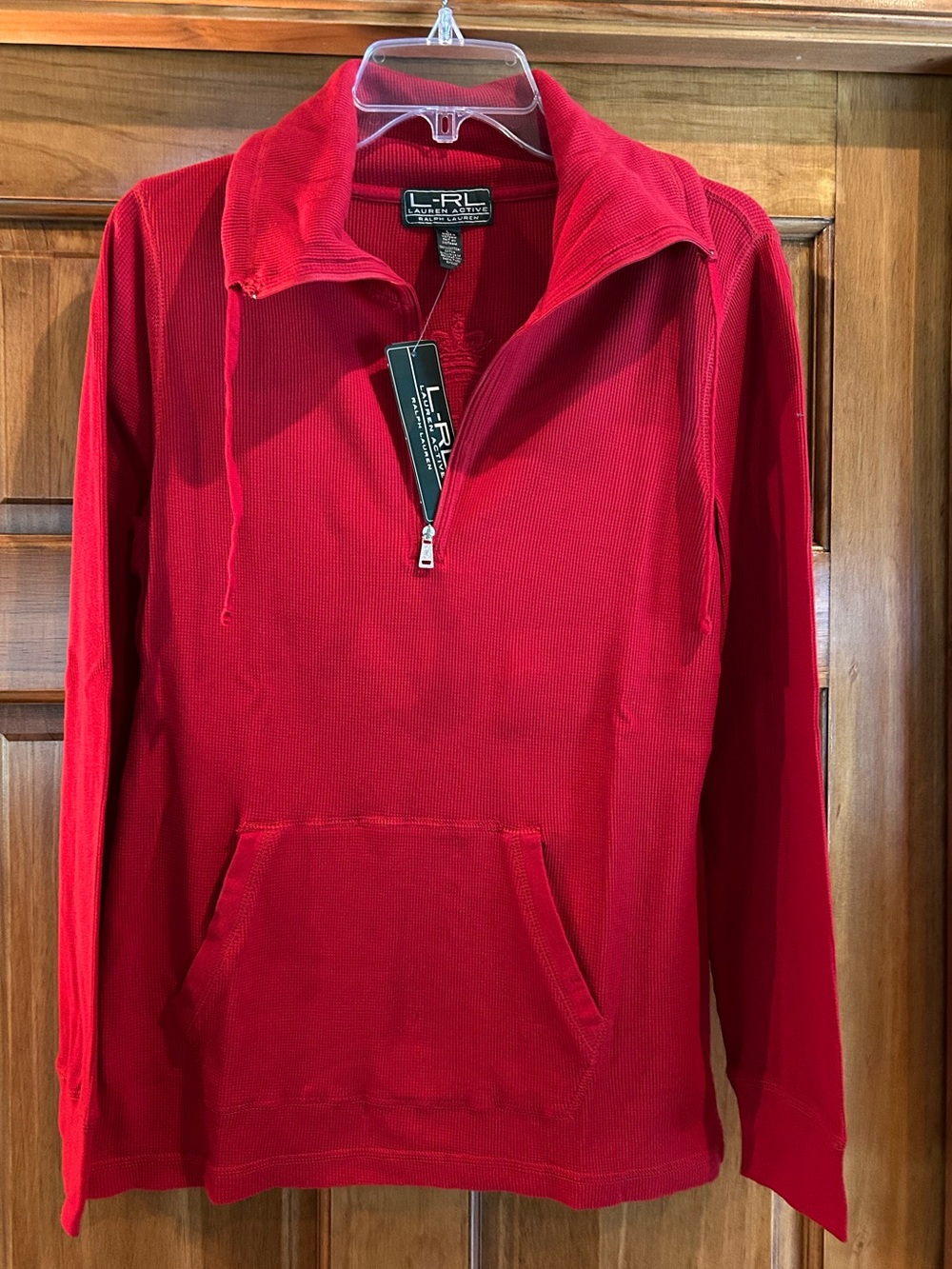 Lauren Ralph Lauren Red Quarter-Zip Pullover with Front Kangaroo Pocket
